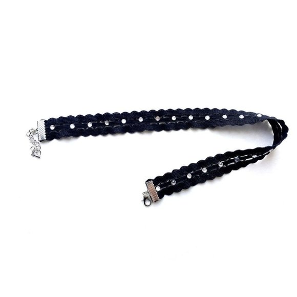 Elastic choker handmade black elastic lace necklace faux miniature rhinestones - Picture 4 of 8